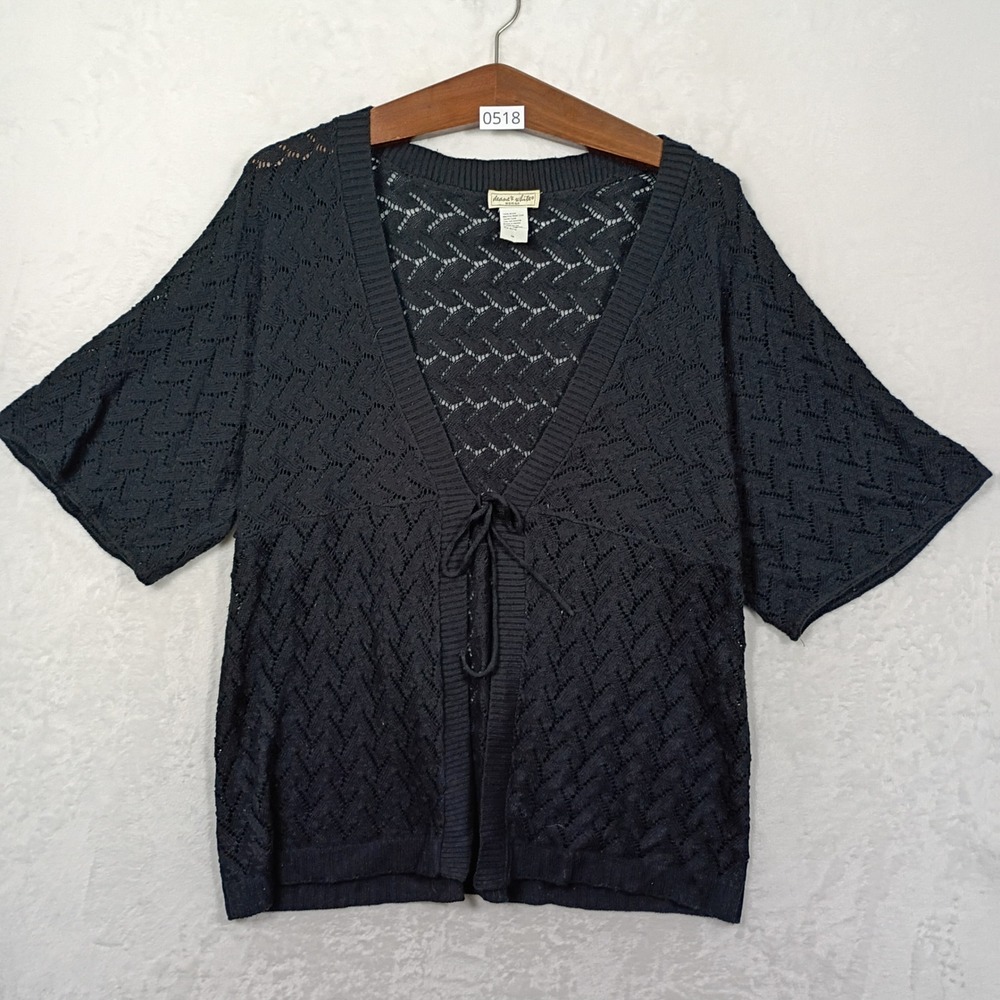 Deane White Cardigan Womens 2X Black Tie Pointelle Knit Boho Summer Goth Witchy